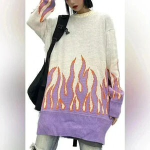 🎆 Fanjiuniu purple orange cream oversized graphic Y2K sweater pullover grunge